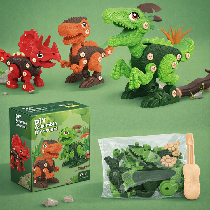 Red, orange, and green dinosaur construction toys with packaging and an assembly-parts bag