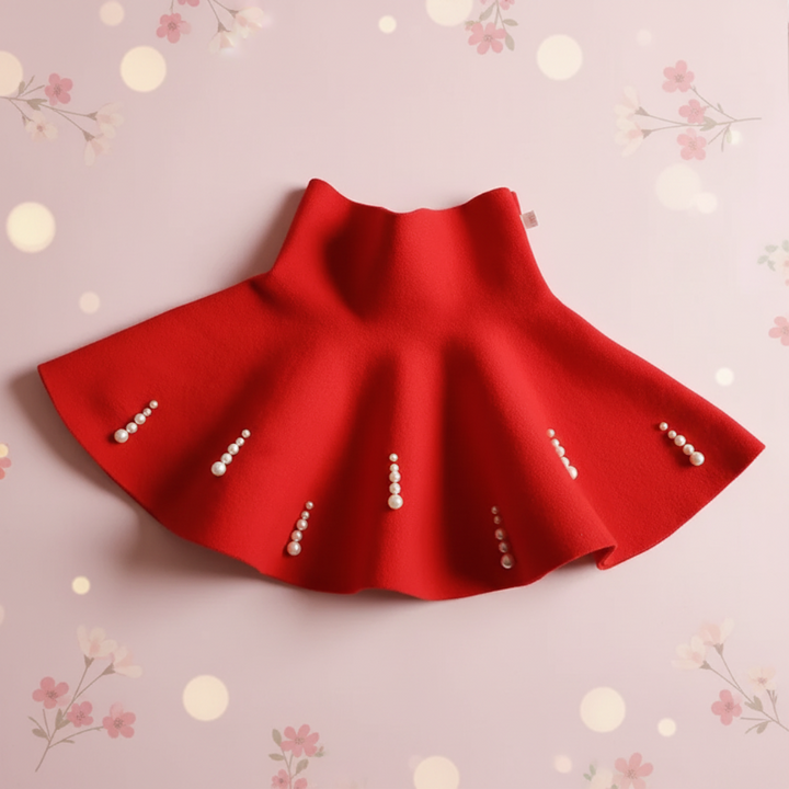 Red flared knit skirt with vertical rows of pearl-style beads