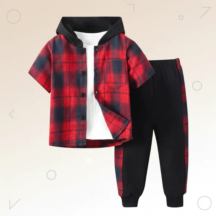 Red and black plaid hooded top with black pants featuring red plaid side stripes