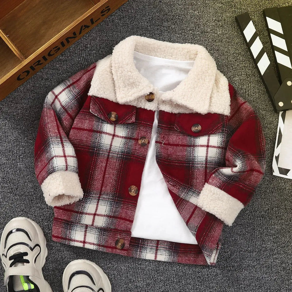 Red plaid kids' jacket with a button front, chest pockets and cream collar and cuffs