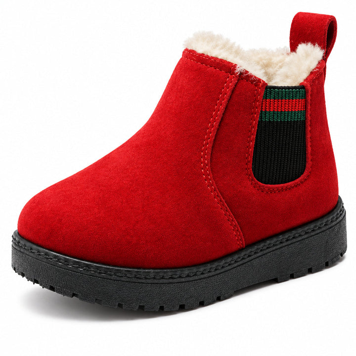 Single red suede winter boot with a plush collar and striped elastic side panel on a white background.