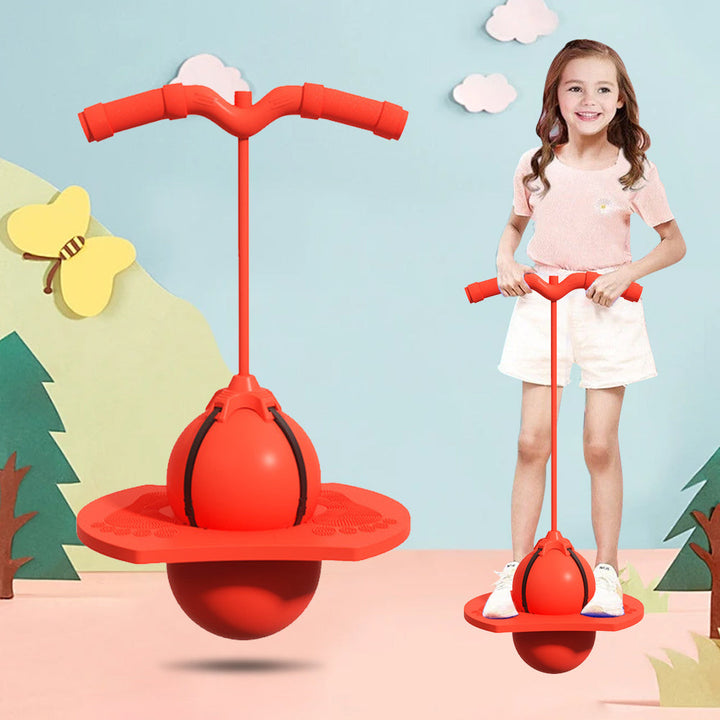 Red balancing pogo stick shown beside a child standing on its foot platform
