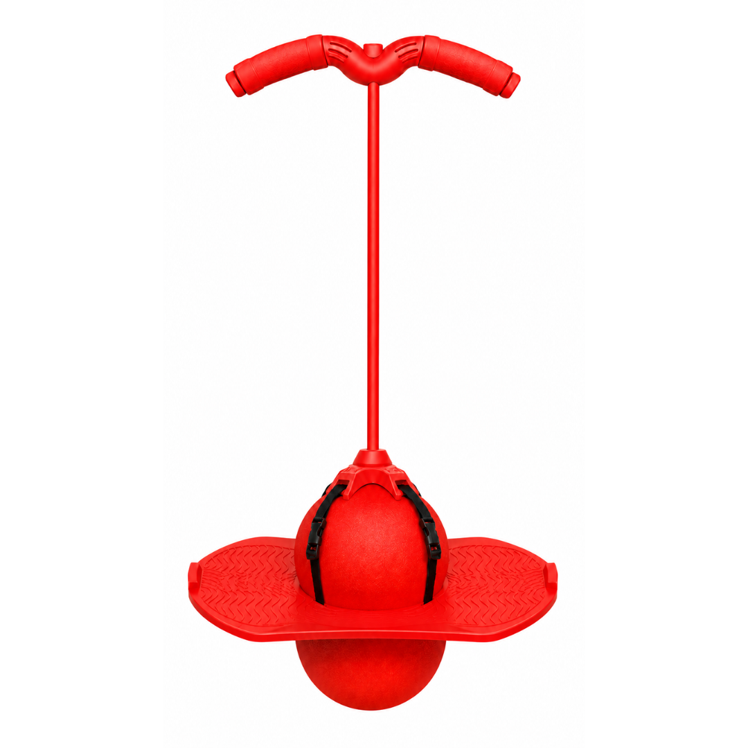 Red balancing pogo stick with a textured foot platform around its rounded base