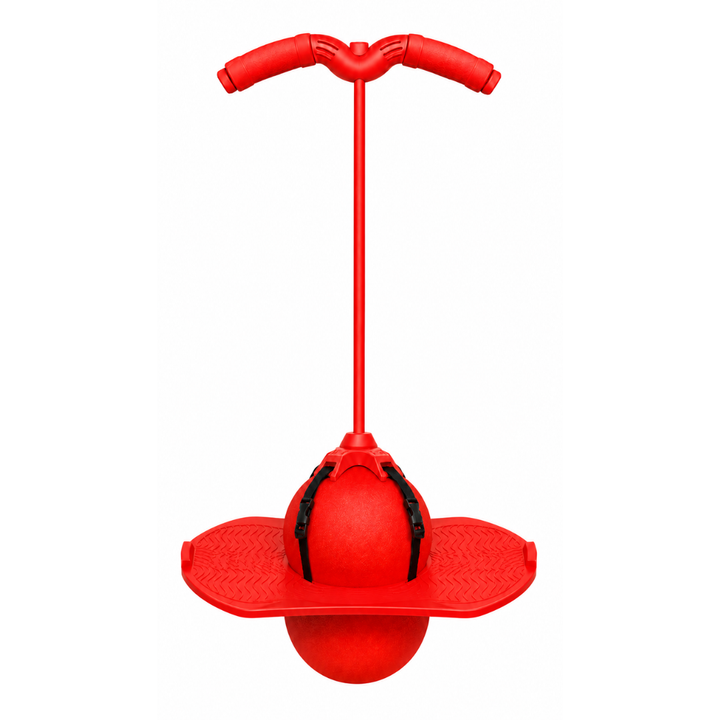 Red balancing pogo stick with a textured foot platform around its rounded base