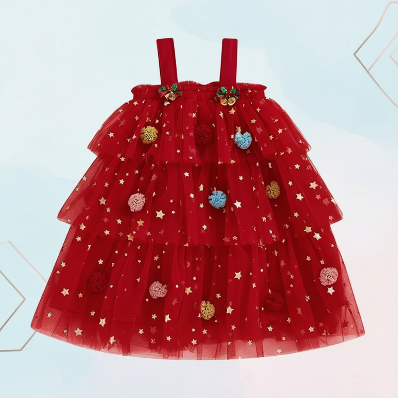 Red sleeveless Christmas dress with gold stars and colorful pom-pom details