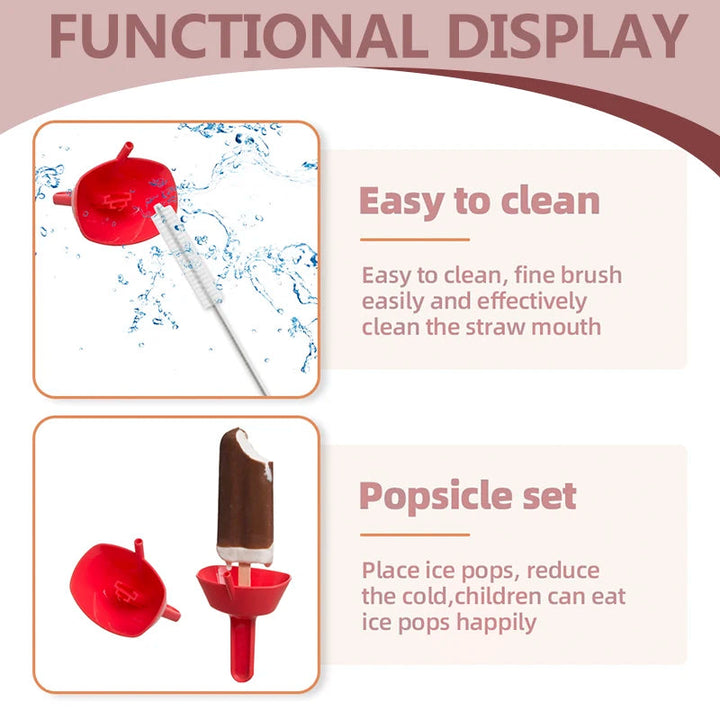 Red popsicle holder showing straw cleaning and a popsicle fitted in place