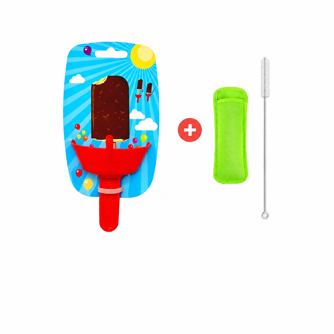 Red popsicle holder in packaging beside a green sleeve and slim cleaning brush