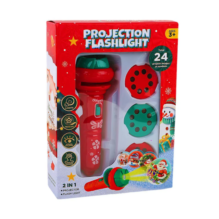 Boxed red Christmas projection flashlight with three picture discs