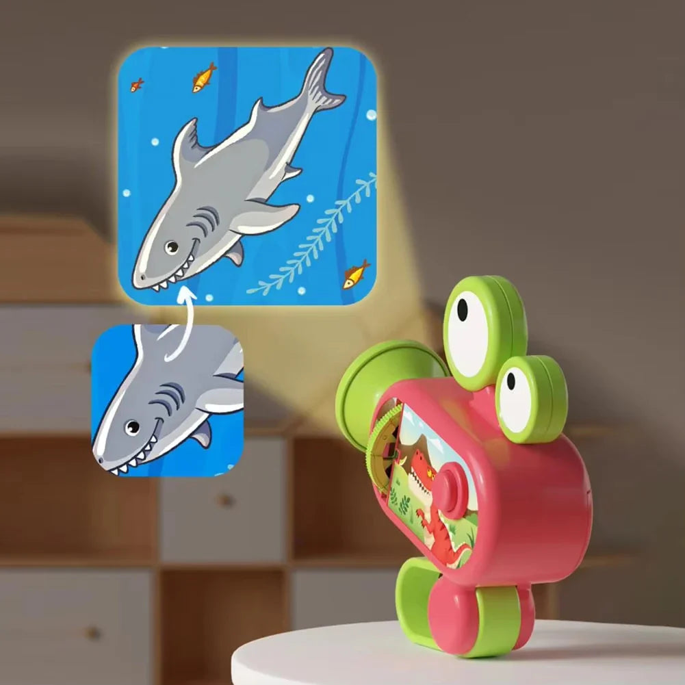 Red toy projector shown with a colorful shark projection