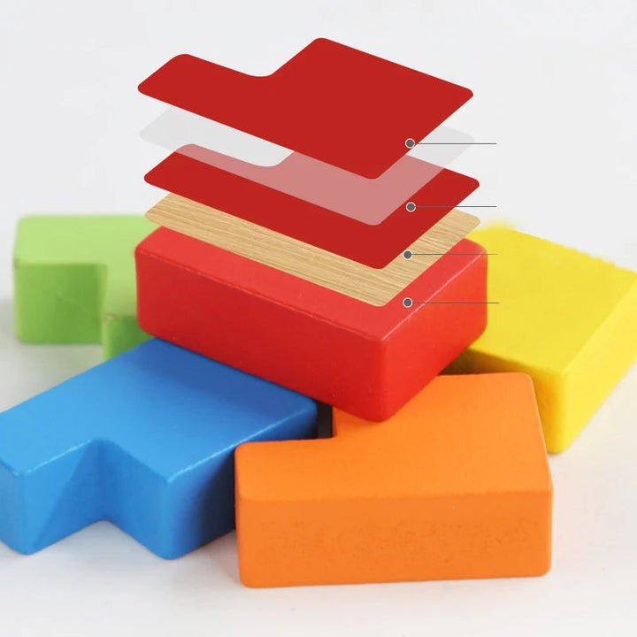Cutaway illustration of a red puzzle block showing its wooden center and colored outer layers