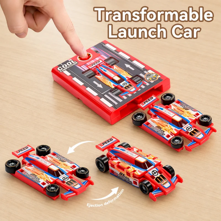 Red transforming race car shown flat and raised beside a push-button launch base.