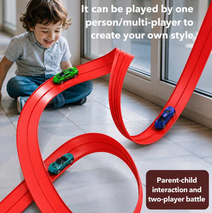 Child playing beside a red flexible track arranged in curves and loops.