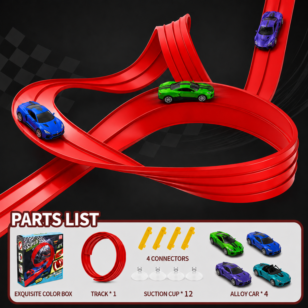 Red race track layout with a parts list showing the box, track, four cars, connectors, and suction cups.