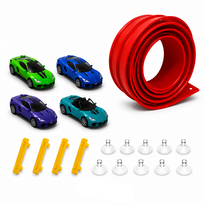 Red coiled track with four mini race cars, four yellow connectors, and clear suction cups.