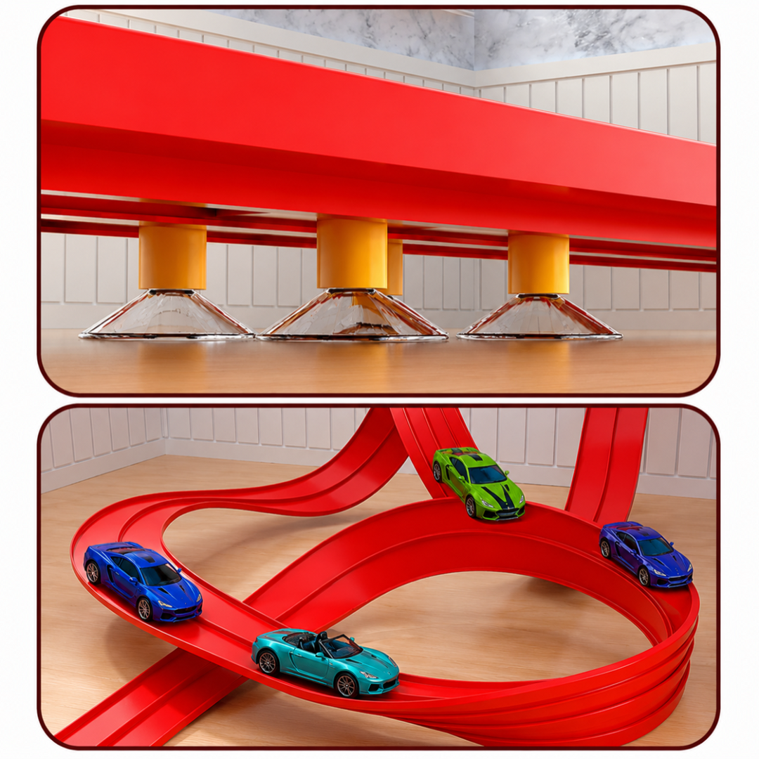 Close-up of suction cups supporting the red track, with an assembled loop layout below.