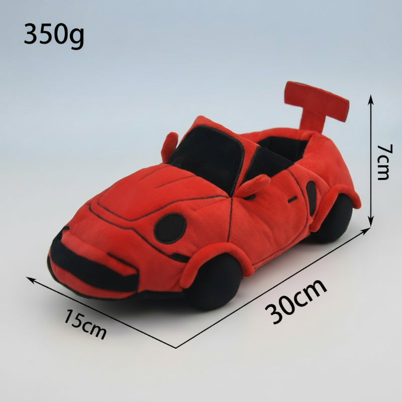 Red racing car slipper with graphic labels showing 30 x 15 x 7 cm and 350 g