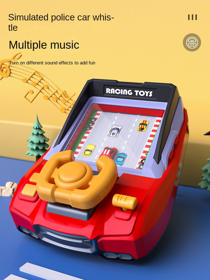 Red steering-wheel racing game graphic highlighting music and a police-style sound effect