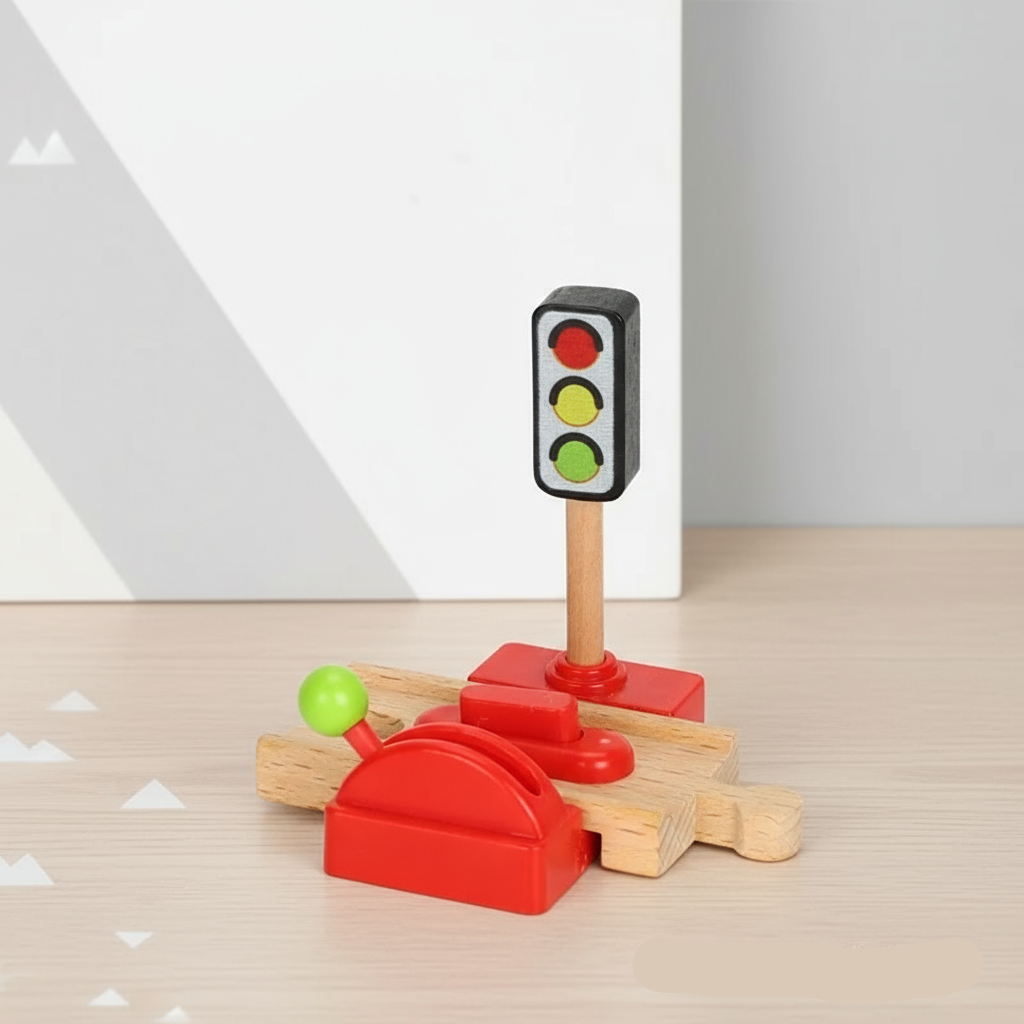 Red railway barrier mechanism with a wooden track piece and traffic light