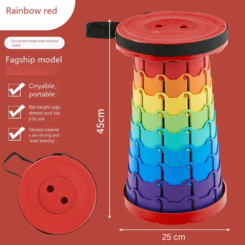 Red-topped rainbow stool shown open and folded with 45 cm height and 25 cm width labels