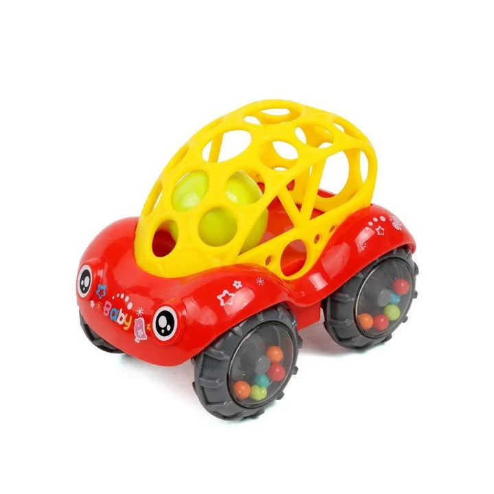 Red rattle toy car with a yellow open-frame top and clear bead-filled wheels