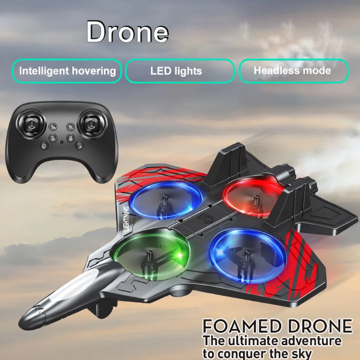 Red RC stunt plane with illuminated propeller rings beside its black wireless controller.
