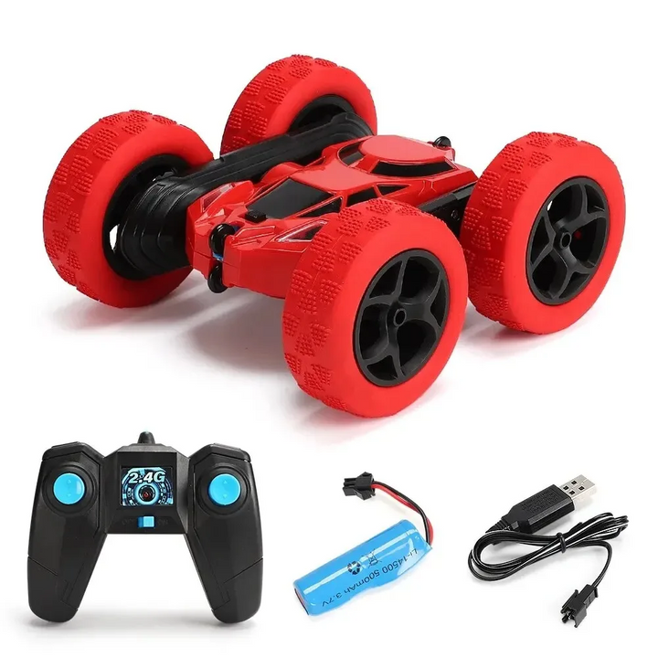 Red RC stunt car with wireless controller, battery, and USB charging cable