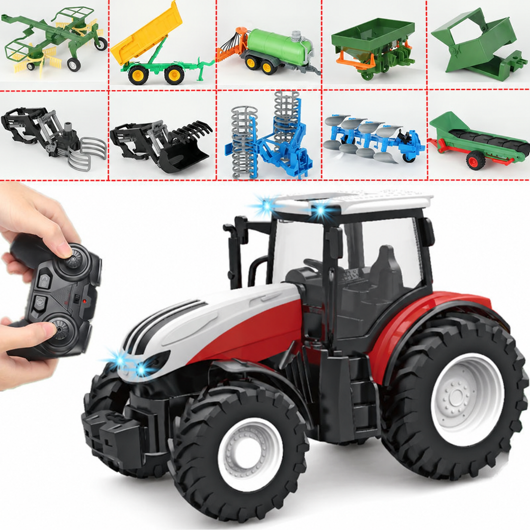 Red and white RC tractor with a handheld controller and pictured farm attachments