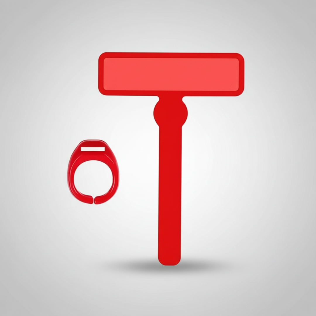Red reading guide with a tinted rectangular window and matching finger ring.