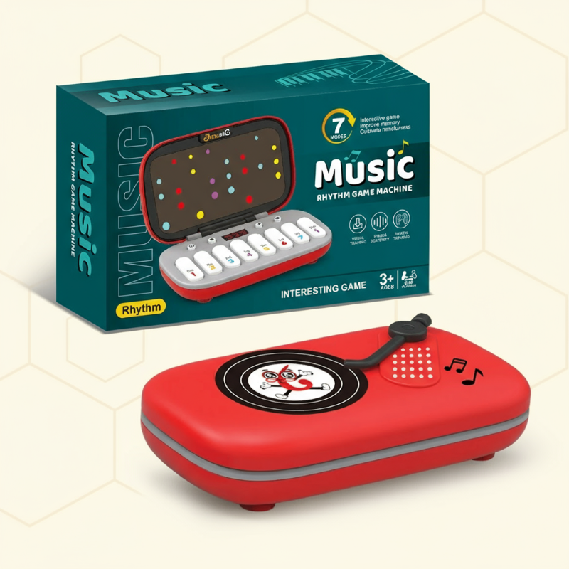 Red piano toy with a record-style lid, shown closed beside its retail box
