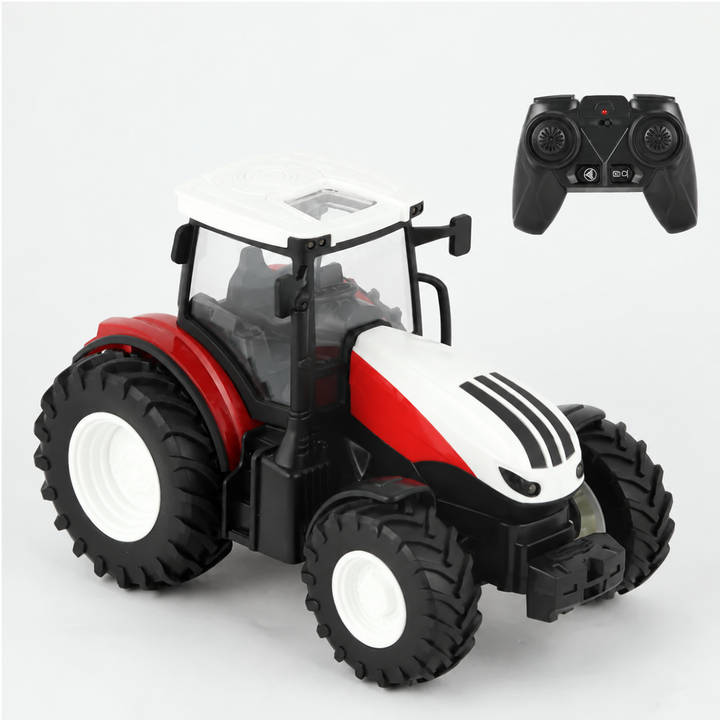 Red and white remote-control tractor shown with its black handheld controller