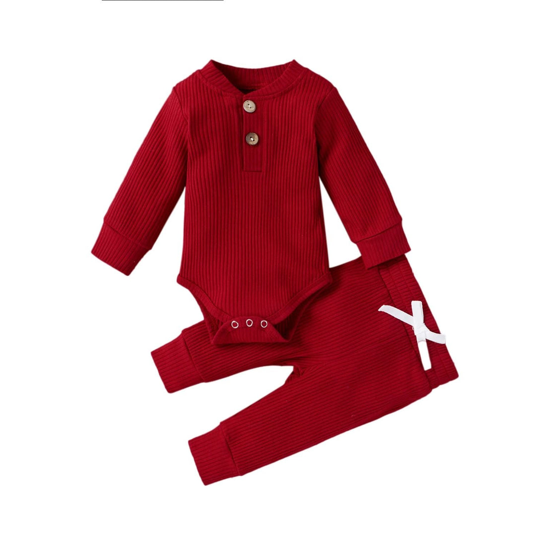 Red ribbed long-sleeve baby bodysuit and matching pants with bottom snaps