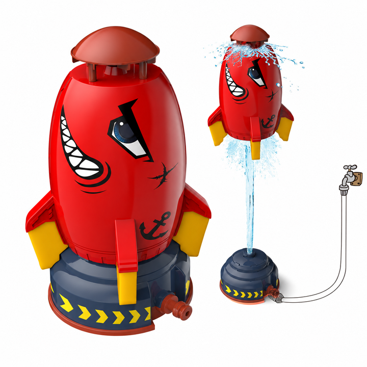 Red rocket sprinkler with face graphics, shown on its base and hovering above a water jet