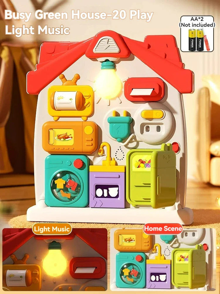 House-shaped sound activity board with a red roof, light, switches, and colorful household controls