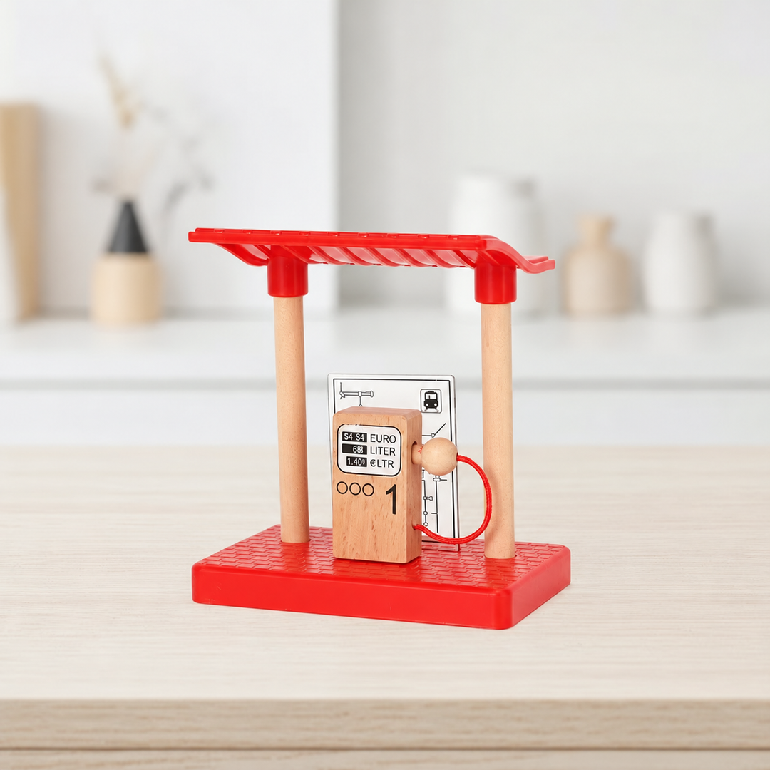Red-roofed wooden fuel station with a printed pump and hose