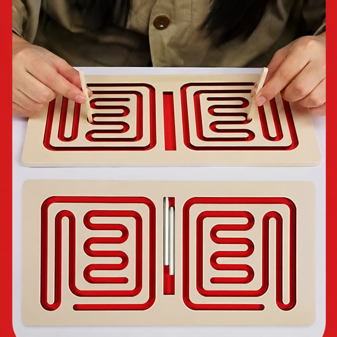Red wooden maze board with rounded paths, shown in use and with styluses in its center slot