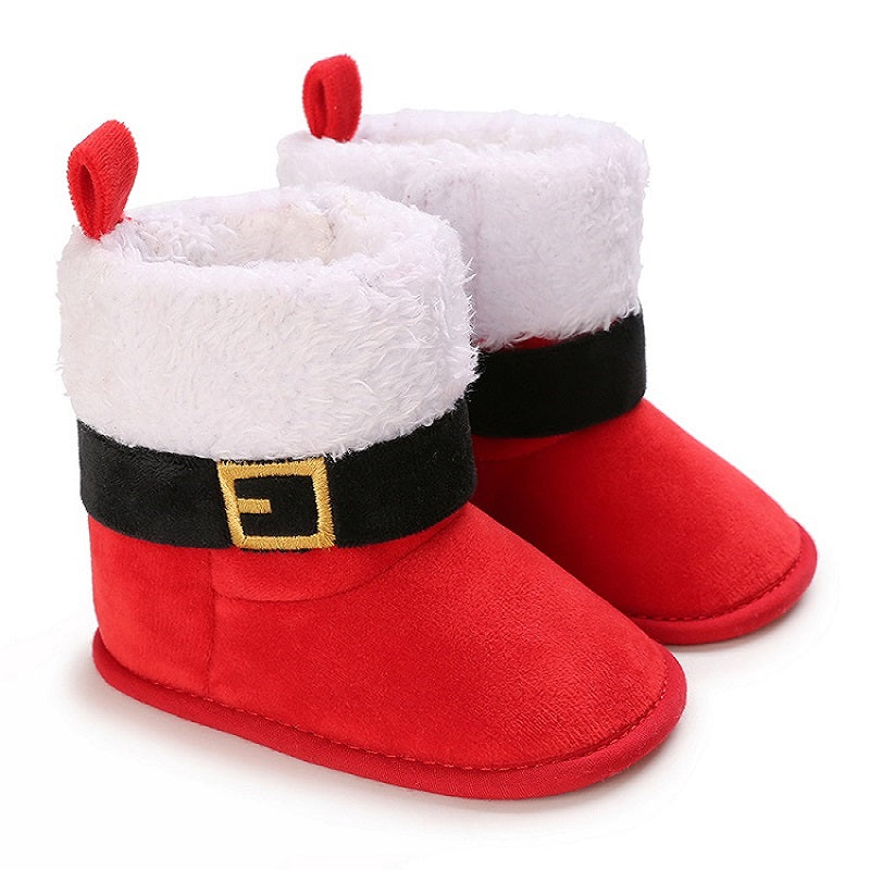 Red Santa-style baby boots with white cuffs and black belt details