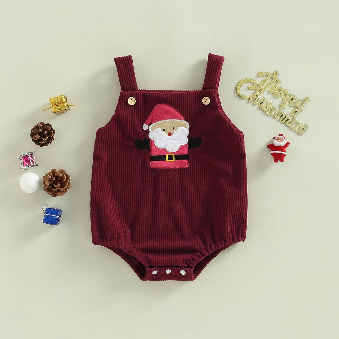 Red ribbed baby romper with Santa design, shoulder buttons, and bottom snaps