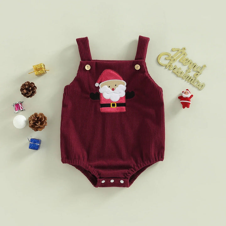 Red ribbed baby romper with Santa design, shoulder buttons, and bottom snaps