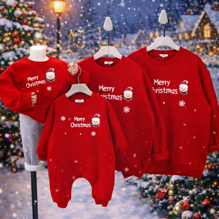 Red Christmas romper and sweaters in baby, child, and adult sizes with Santa and snowflake designs