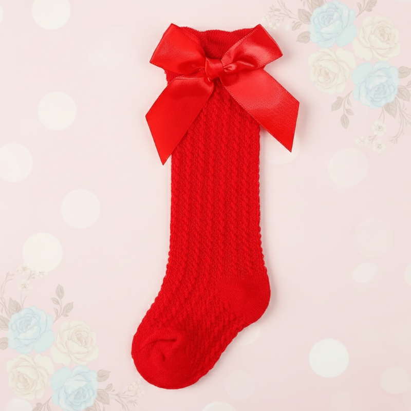 Red pointelle knee-high sock with a matching satin bow