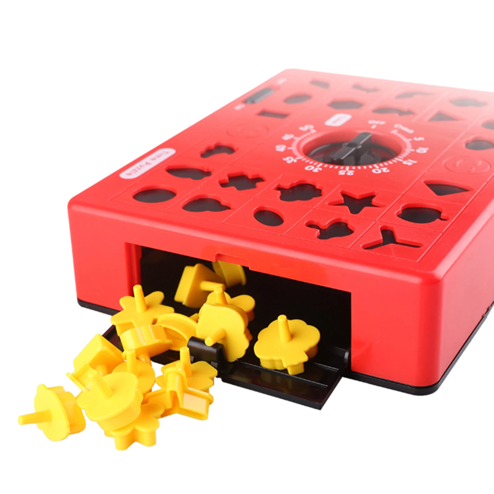 Red timed puzzle board with yellow shape pieces in its open front compartment