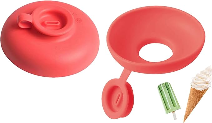 Red silicone holder shown from both sides with ice pop and cone examples