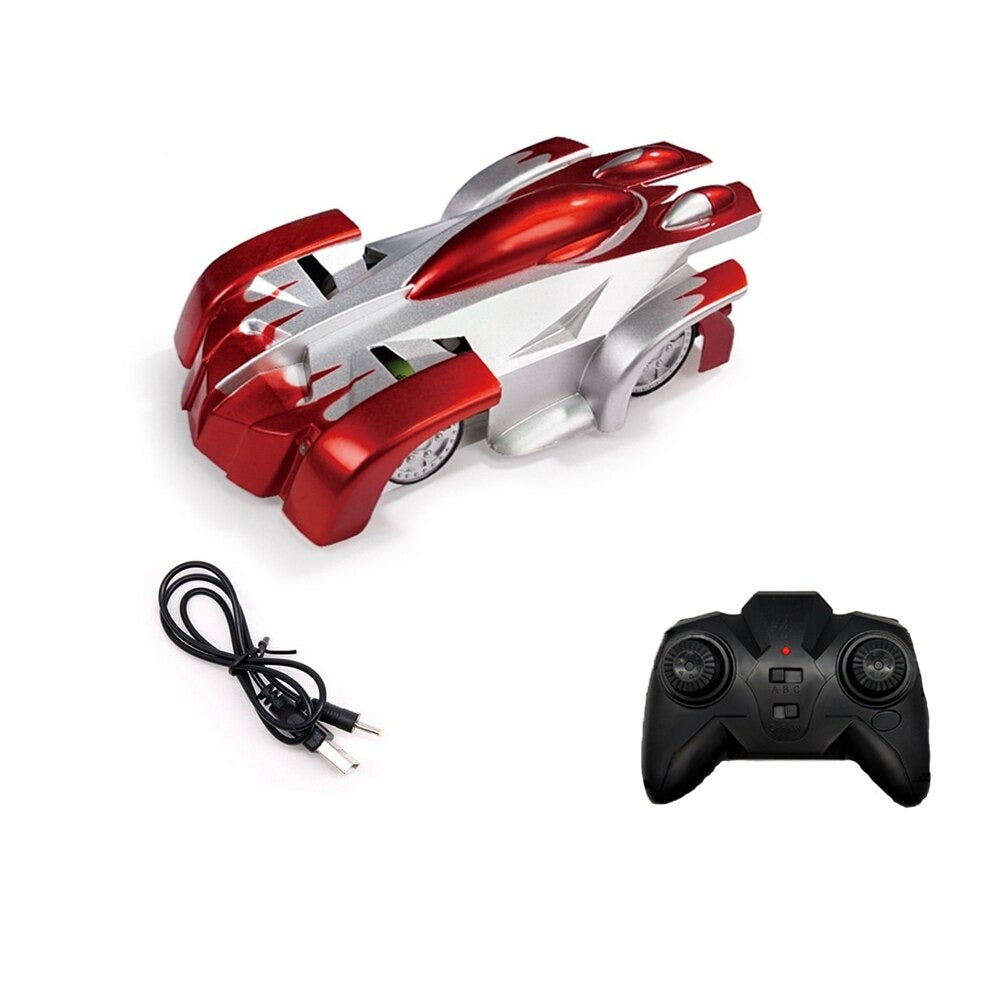 Red-and-silver remote-control car with its black controller and USB charging cable