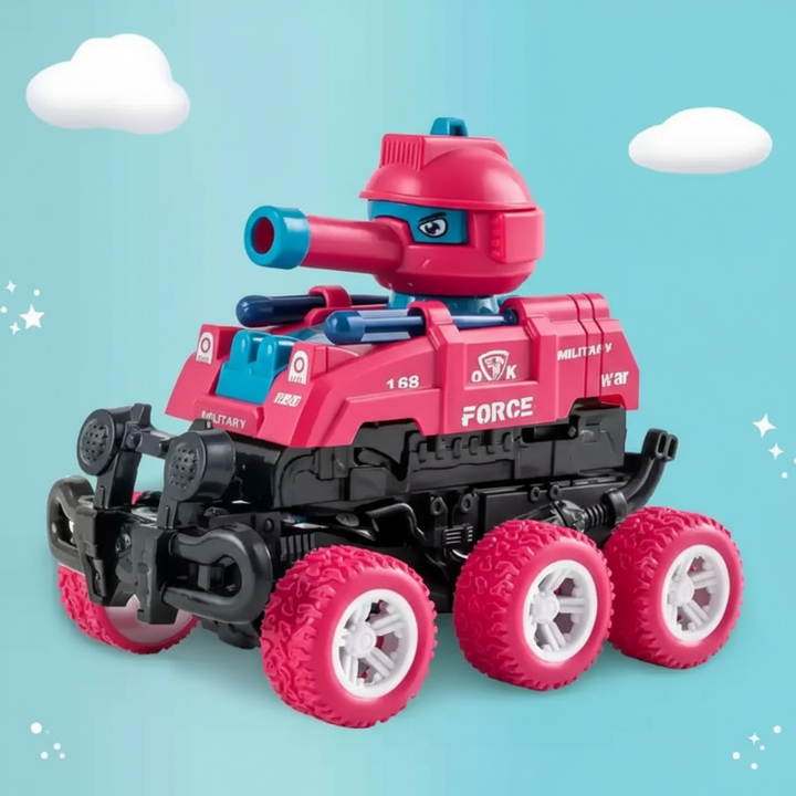 Red toy tank in compact form with six red tires and white wheels