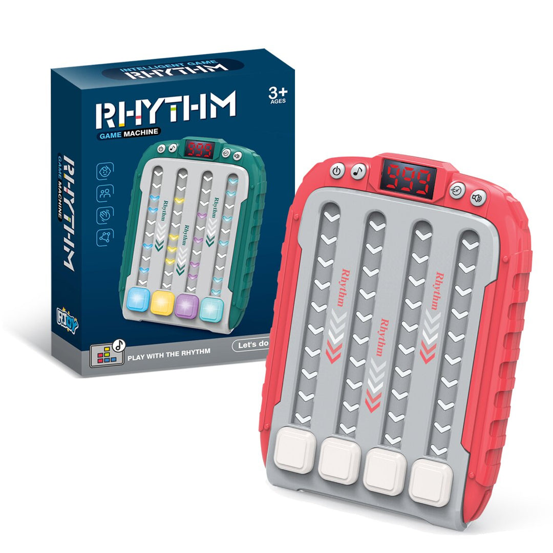 Red four-button speed game beside its retail box
