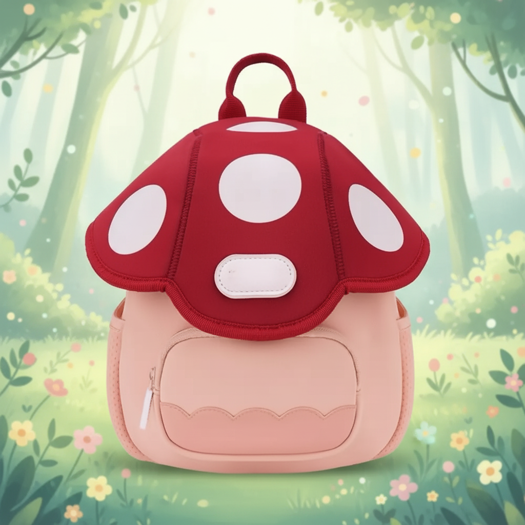 Mushroom kids' backpack with a red spotted top and pink front pocket against a woodland background.
