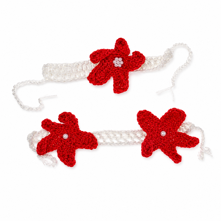 Red knitted starfish top and headband with white bands and ties