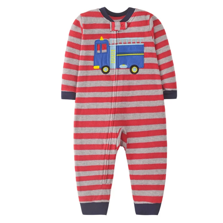 Red and gray striped fleece baby jumpsuit with a colorful truck on the chest