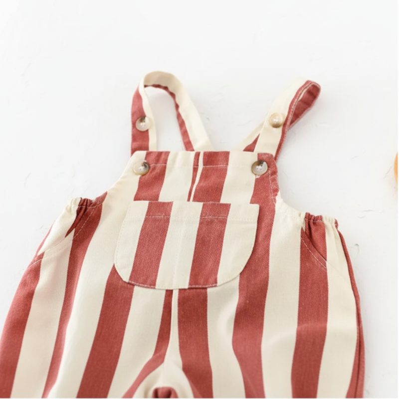 Red striped romper bib pocket and button-fastened shoulder straps