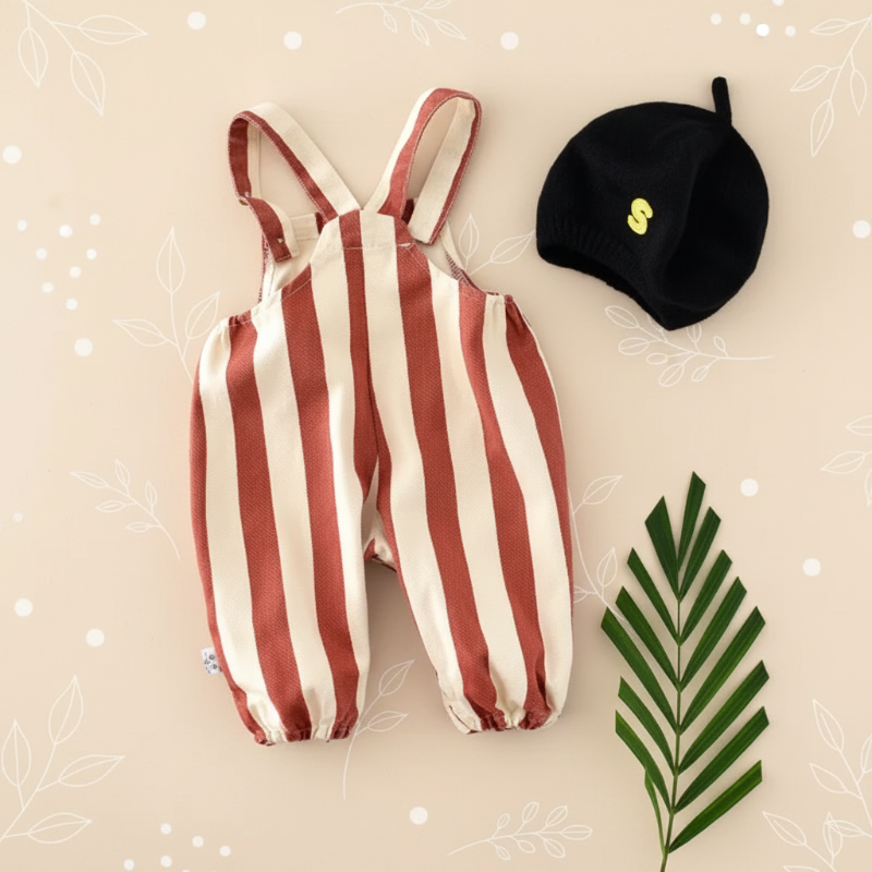 Back view of the red striped romper with shoulder straps and gathered ankle cuffs